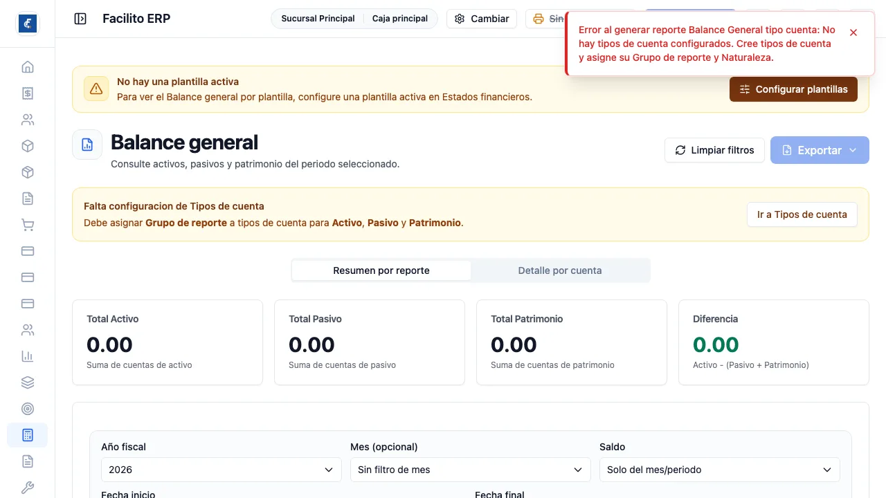 El balance armado con la plantilla activa.