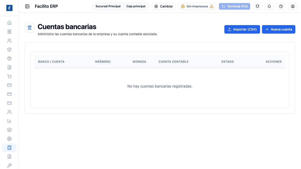 El listado de cuentas, con su banco, su número y su cuenta contable.