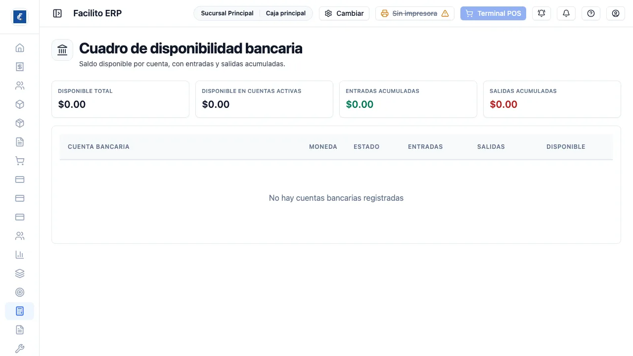 Disponible total, disponible en cuentas activas, entradas y salidas acumuladas.