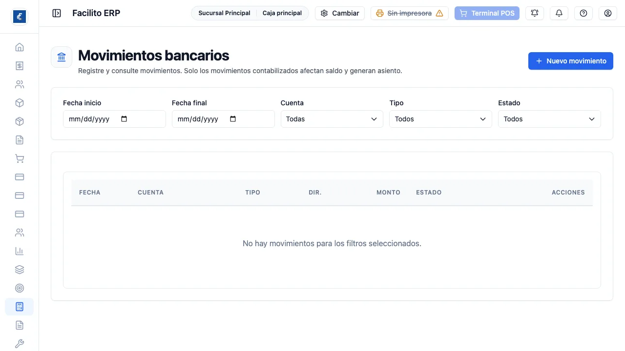 La lista, con los filtros de fecha, cuenta, tipo y estado.