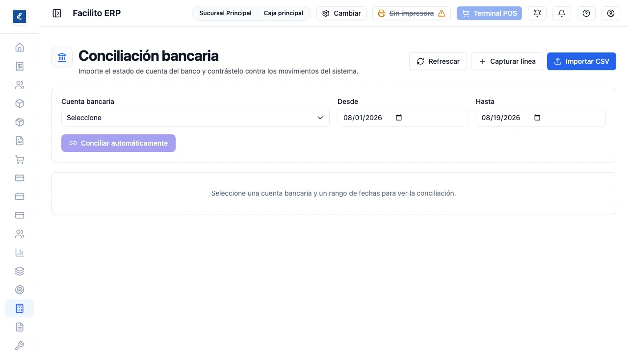 El selector de cuenta y fechas, los tres botones de arriba y el botón Conciliar automáticamente.