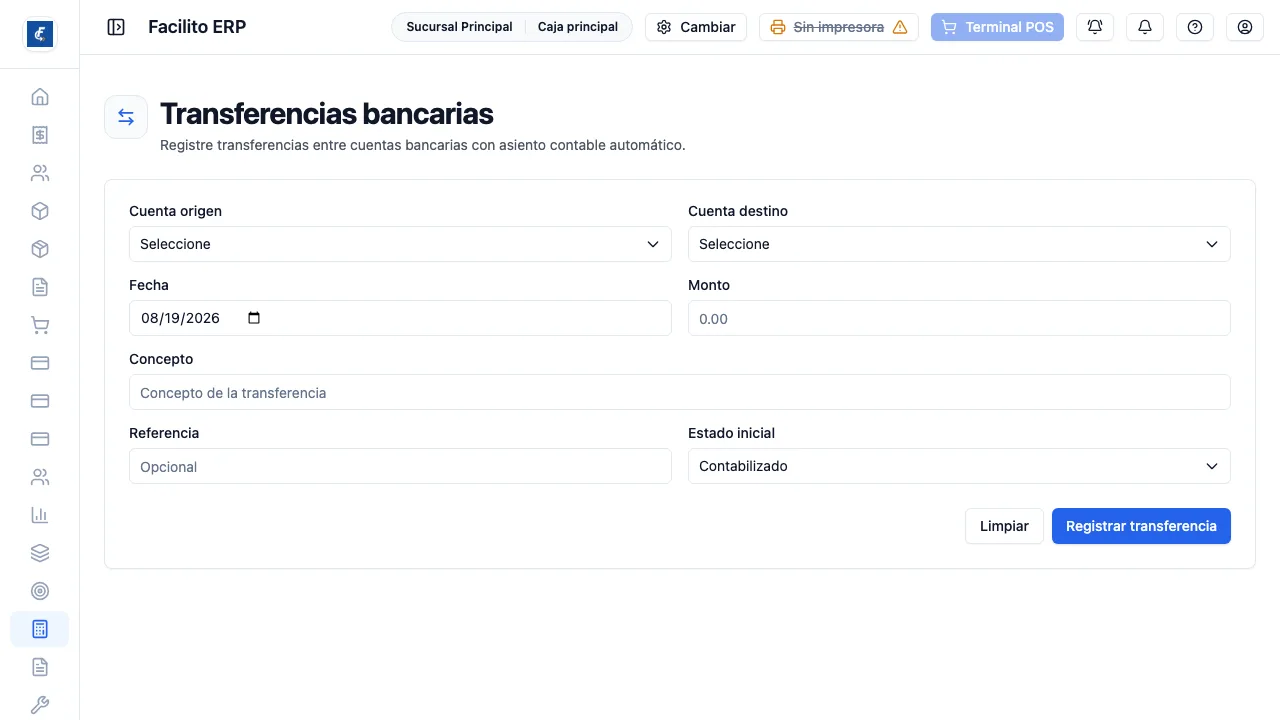 El formulario de transferencia. No hay listado acá; la transferencia se ve en Movimientos.