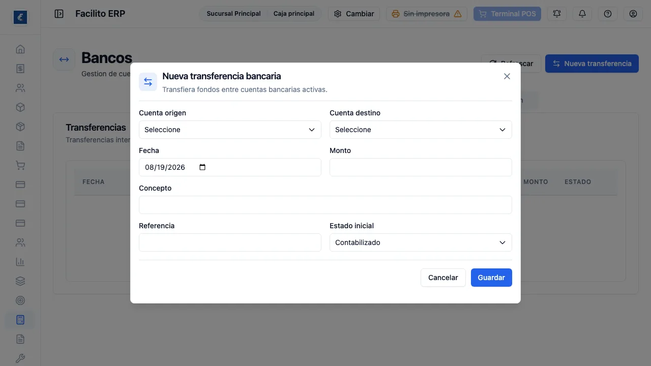 El alta de una transferencia entre dos cuentas de la empresa.