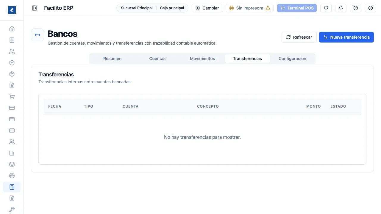 La pestaña Transferencias, que lista solo los traslados entre cuentas propias.