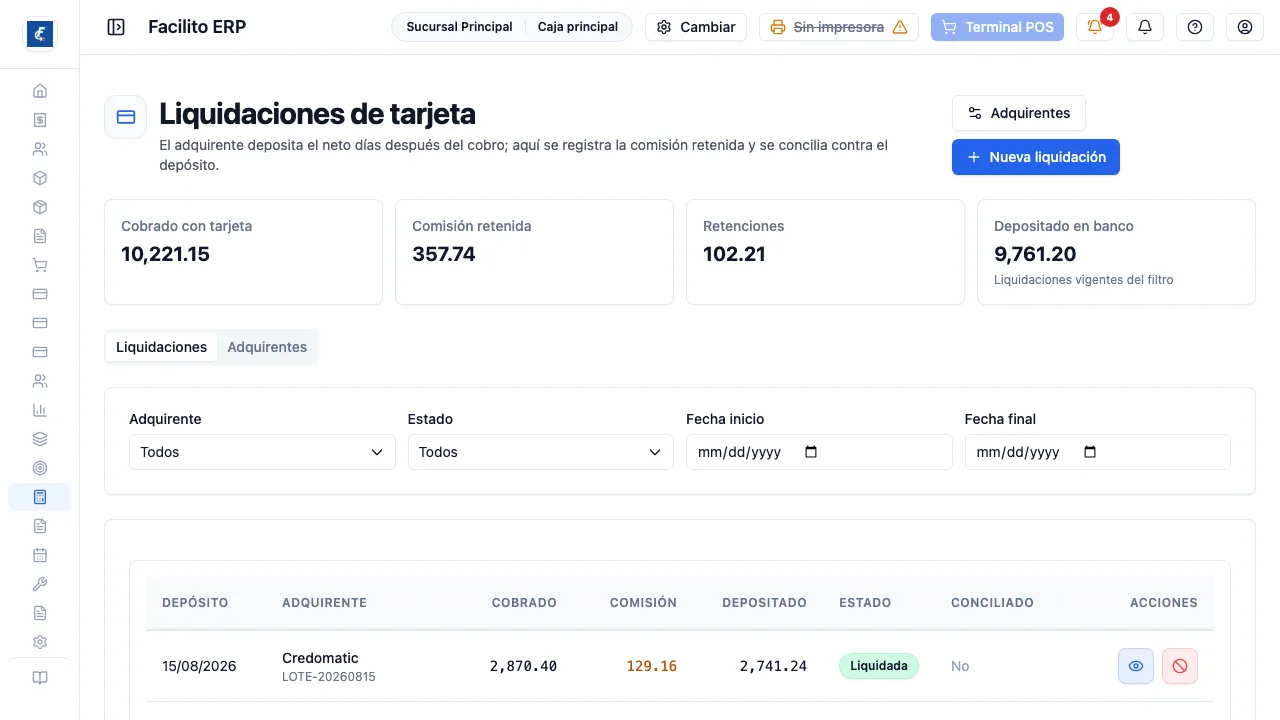 Las liquidaciones del adquirente, con lo cobrado, la comisión y el depósito.