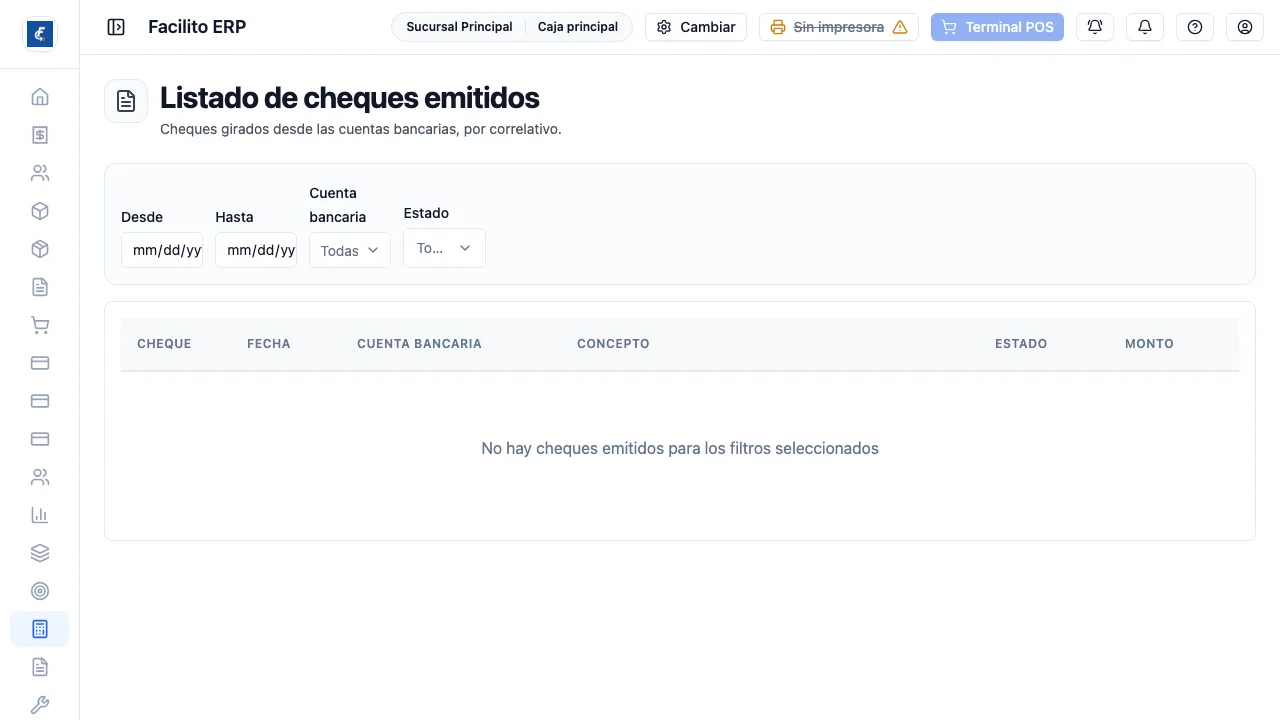 Los cheques del rango, con el filtro por cuenta bancaria y por estado.
