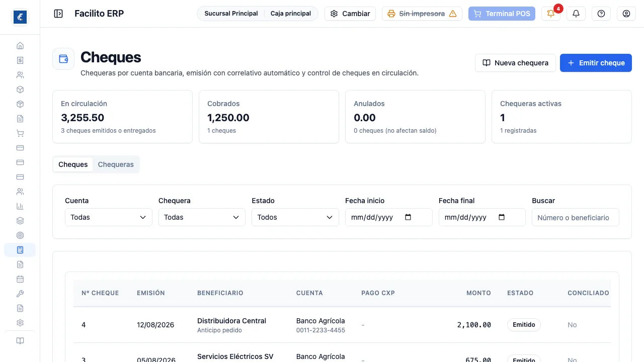 Los cheques emitidos, con su número, beneficiario, cuenta, monto y estado.