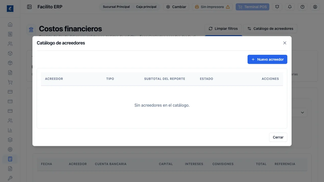 El catálogo de préstamos, tarjetas y financiamientos, con su tipo y su subtotal de reporte.