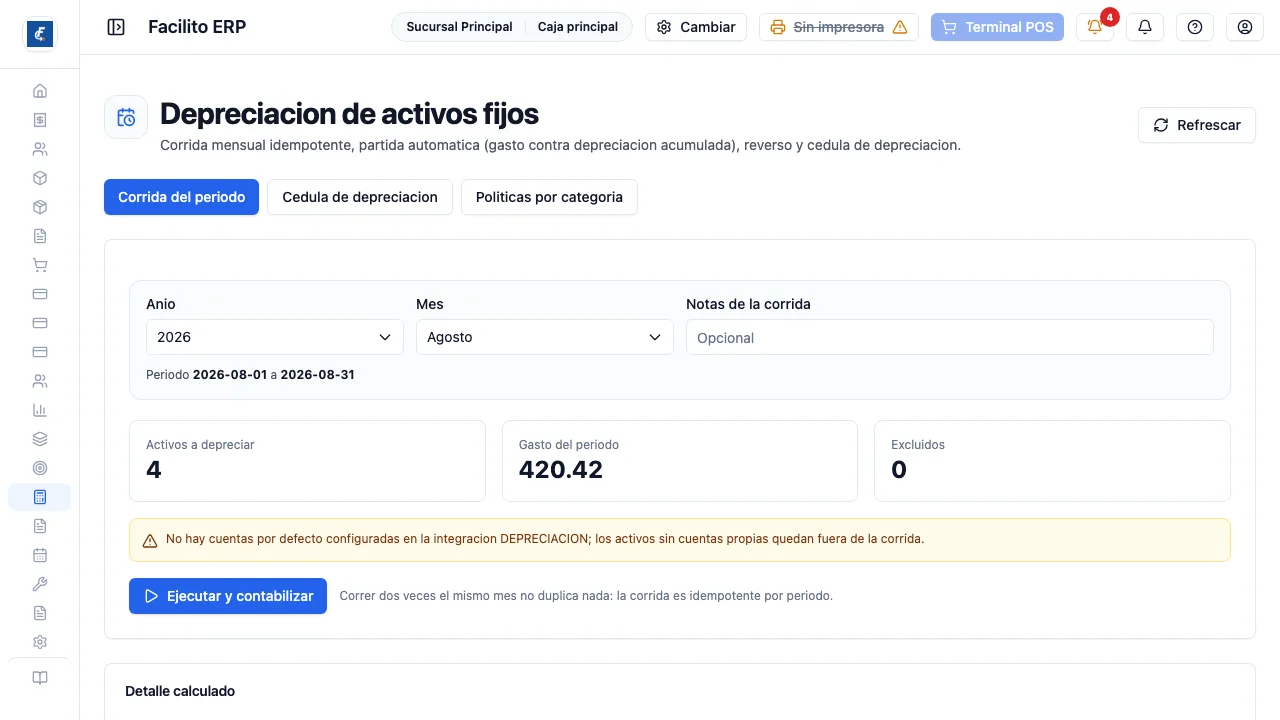 La corrida del período, con el detalle calculado por activo y el botón de ejecutar.