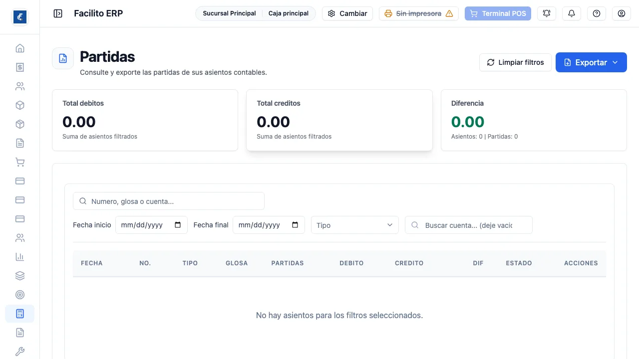 El listado de asientos con sus totales, el buscador y los filtros de fecha, tipo y cuenta.
