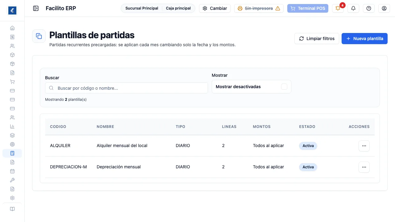 El listado de plantillas, con sus líneas, sus montos y su estado.