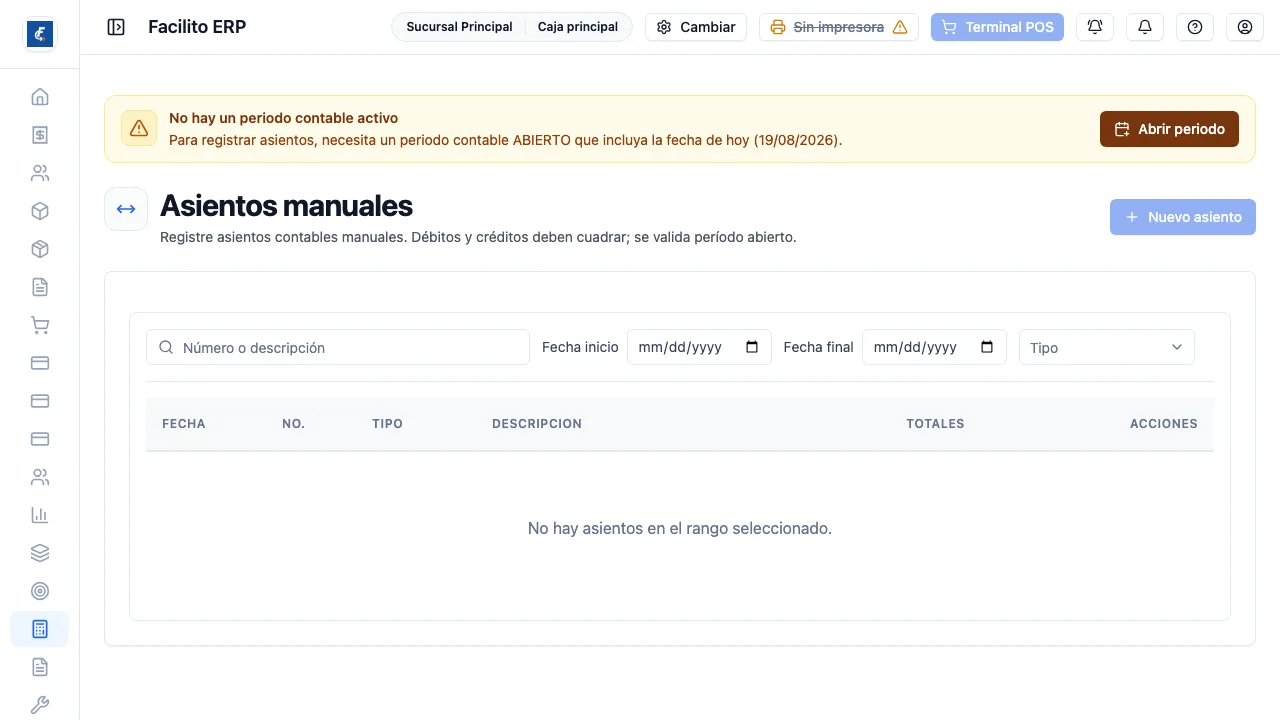 La lista de asientos, con el buscador y los filtros de fecha y tipo.