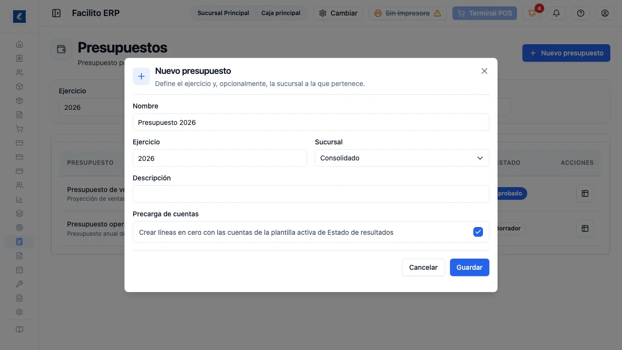 El alta del presupuesto, con la precarga de cuentas desde la plantilla de resultados.