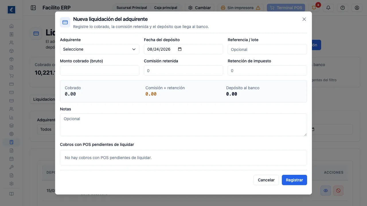 El registro de una liquidación, con la comisión retenida y el neto que cae al banco.