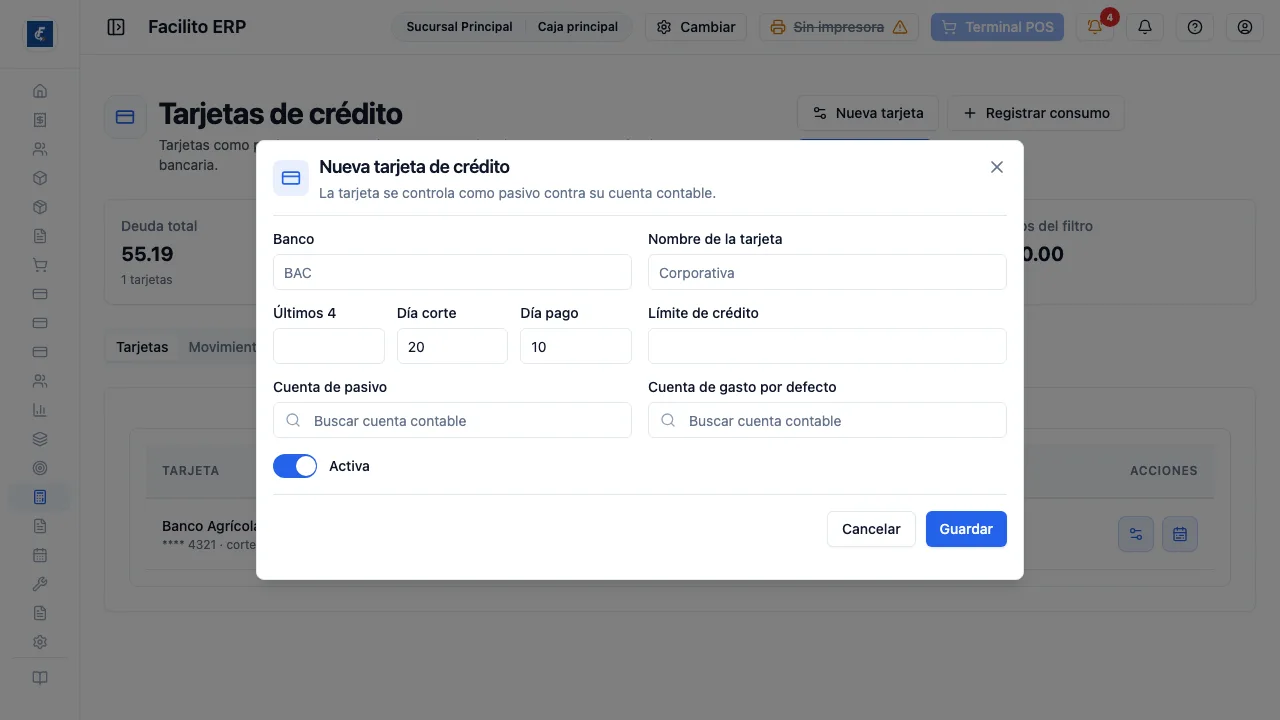 El alta de una tarjeta, con su cuenta de pasivo y su día de corte.