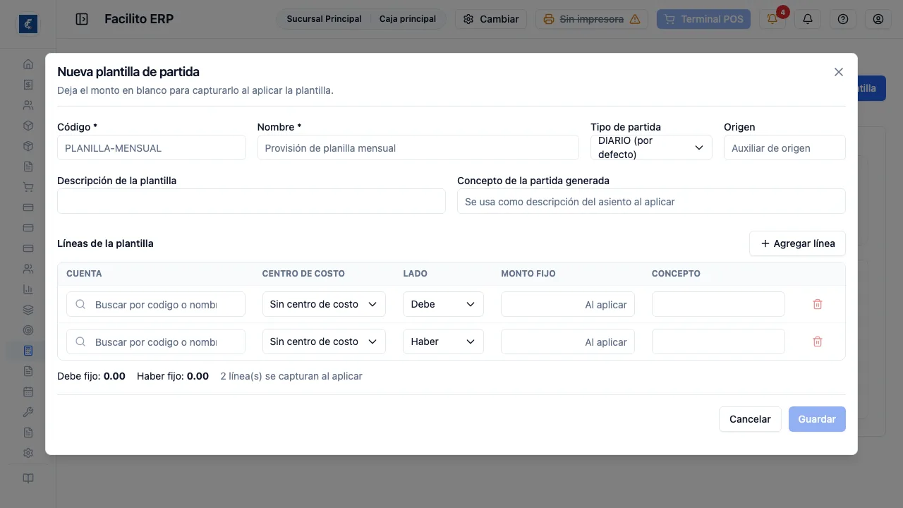 El editor de la plantilla, con sus líneas por cuenta y centro de costo.