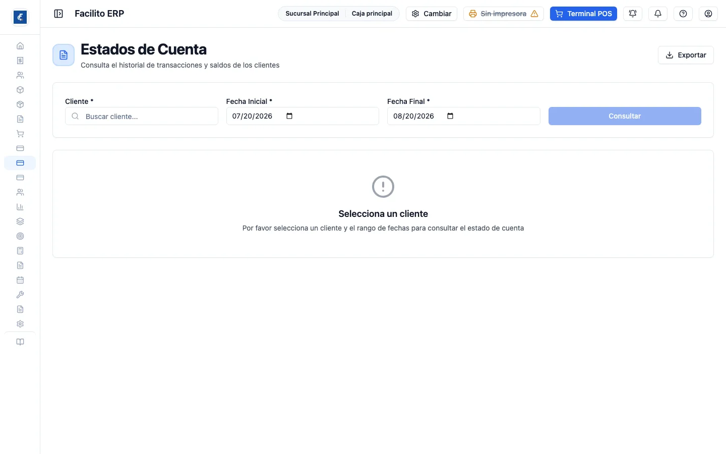 El estado de cuenta pide cliente y rango de fechas antes de mostrar nada.