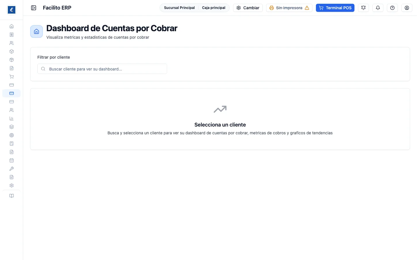 El tablero del módulo, que pide elegir un cliente antes de mostrar sus números.
