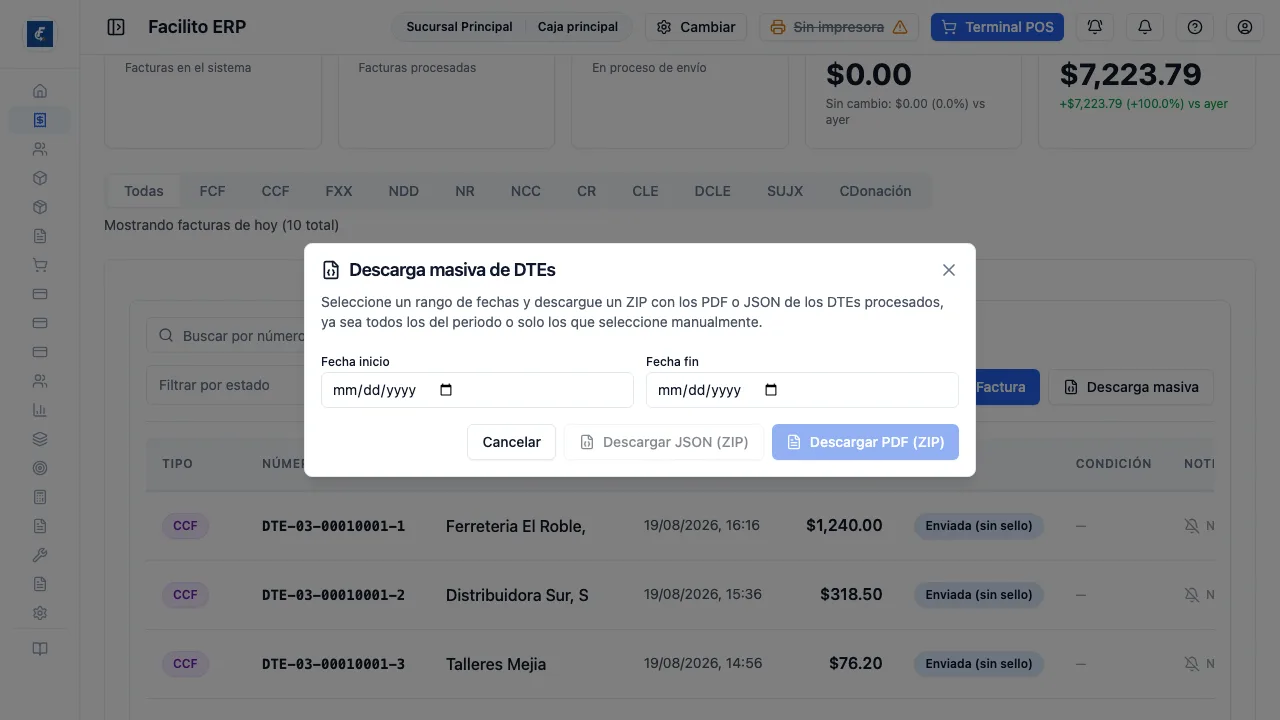 La descarga masiva, que arma un ZIP con los documentos ya procesados del período.