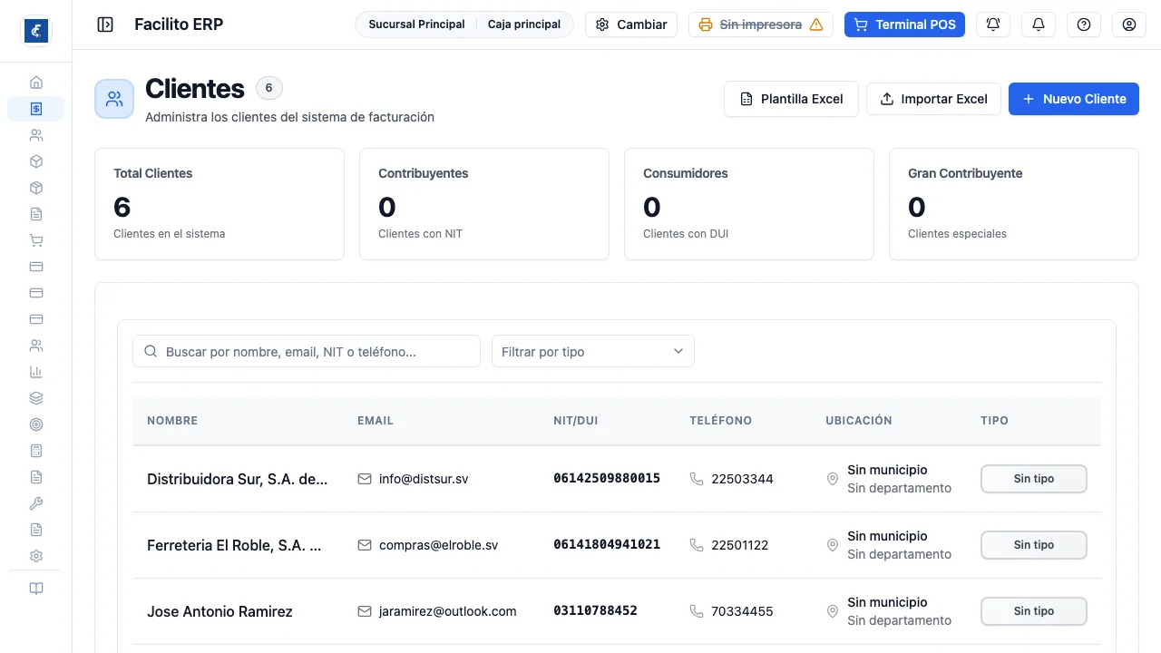La lista, con el buscador y el filtro por tipo de cliente.