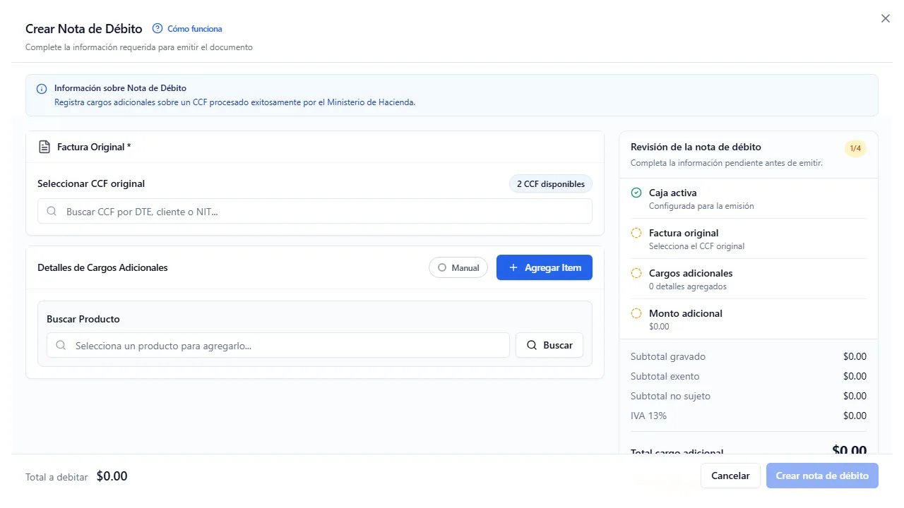 El formulario de la nota, con la factura original arriba y los cargos adicionales debajo.