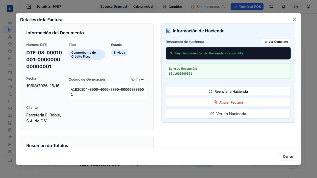 El detalle, con los totales y las acciones del documento.