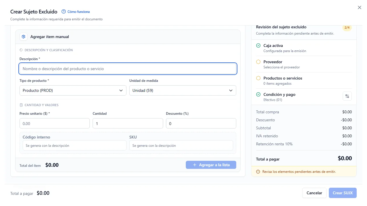 El bloque de items, con la clasificación de tipo de producto que decide la retención.