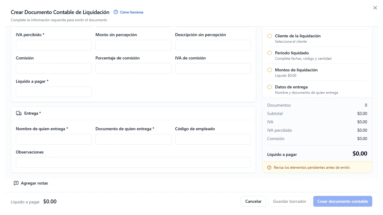 Los montos de la liquidación y el bloque de entrega. Nada de esto se calcula solo.
