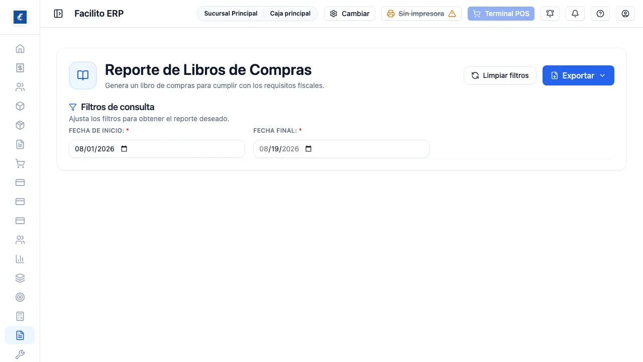 El libro de compras, con el rango de fechas y el botón de exportar.