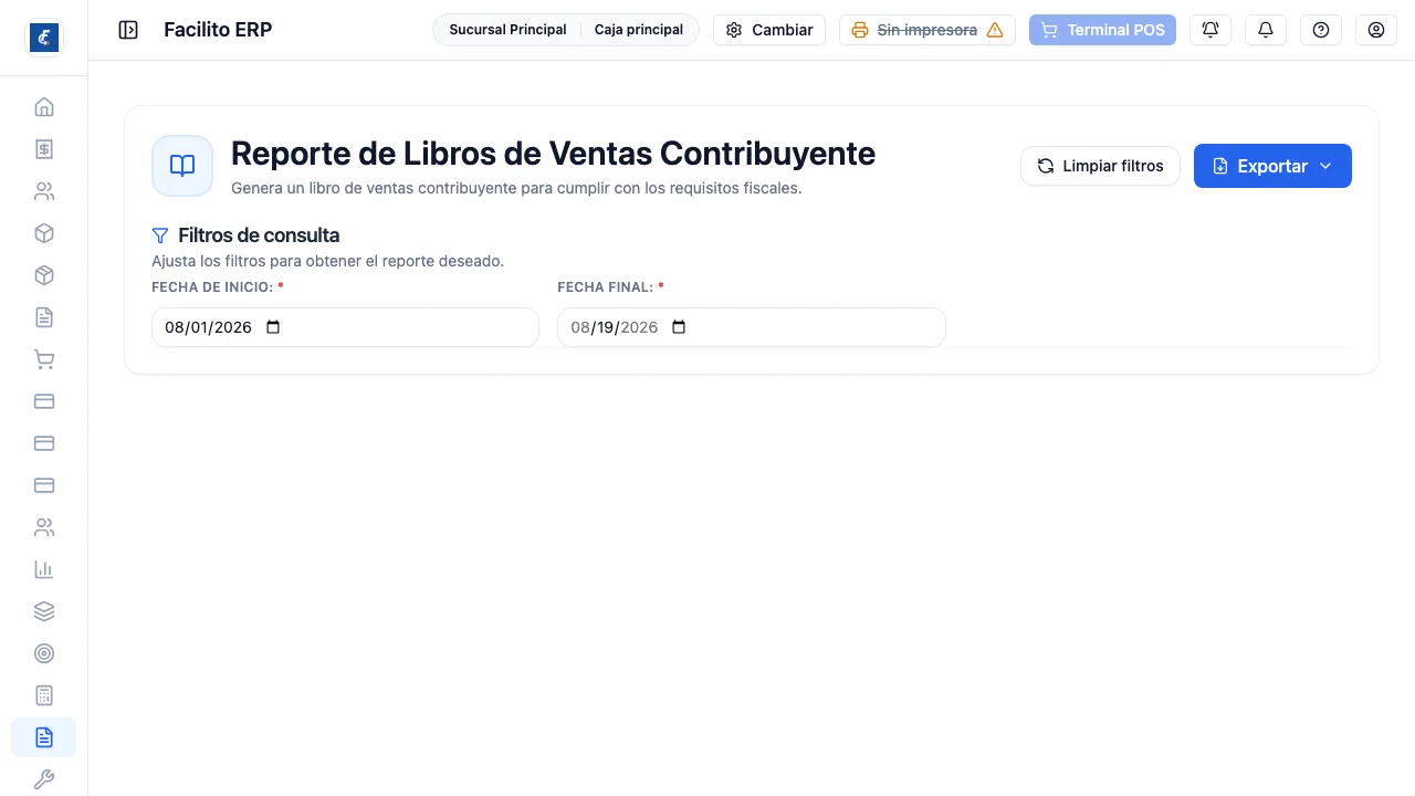 El libro de ventas a contribuyente, con los mismos filtros de fecha.