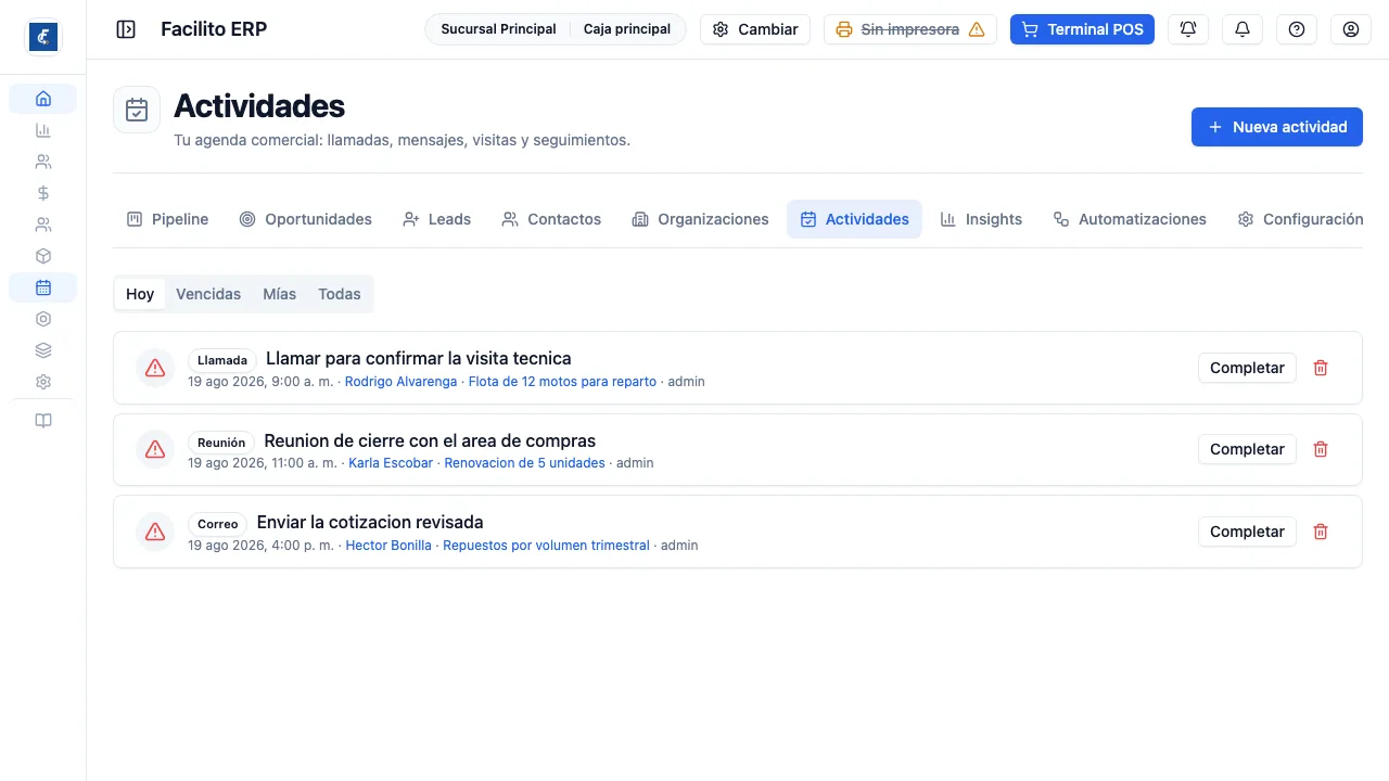 La agenda del día, con las pestañas Hoy, Vencidas, Mías y Todas.