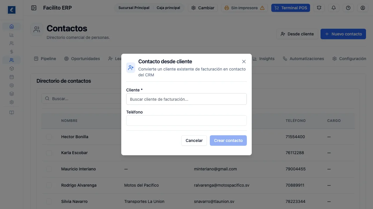 Crear el contacto a partir de un cliente que ya existe en Facturación.
