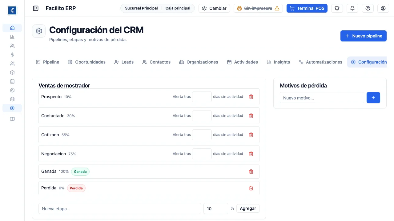 Los pipelines con sus etapas y probabilidades, y la lista de motivos de pérdida.