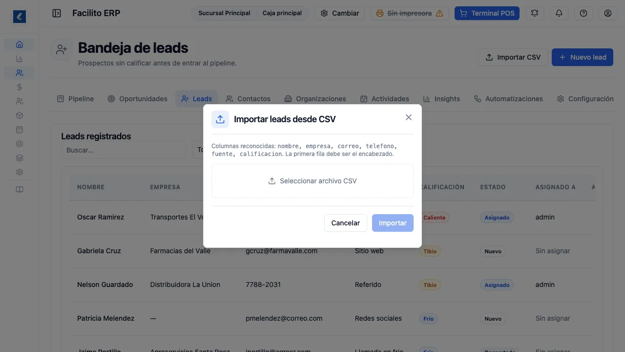 La carga masiva desde Excel o CSV, con asignación de columnas.