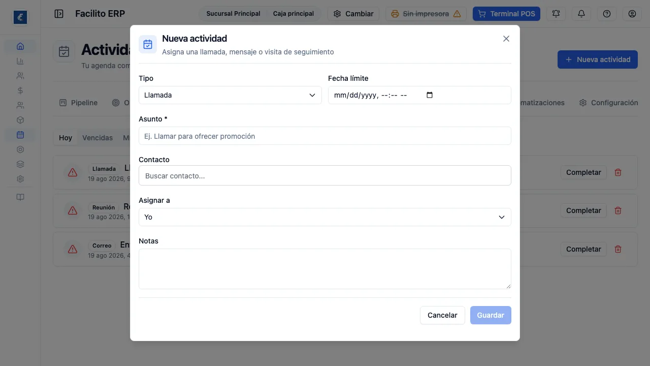 El alta de una actividad, con su contacto, responsable y fecha límite.