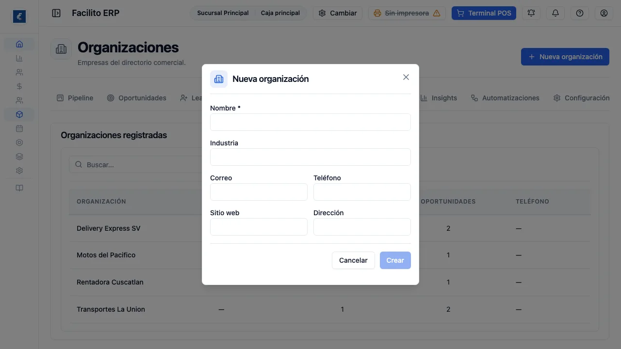 El alta de una organización. Solo el nombre es obligatorio.