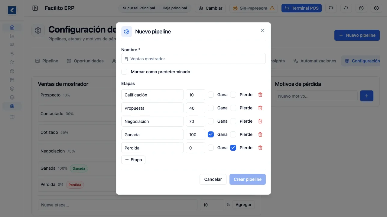 El alta de un pipeline, que viene con cinco etapas propuestas.