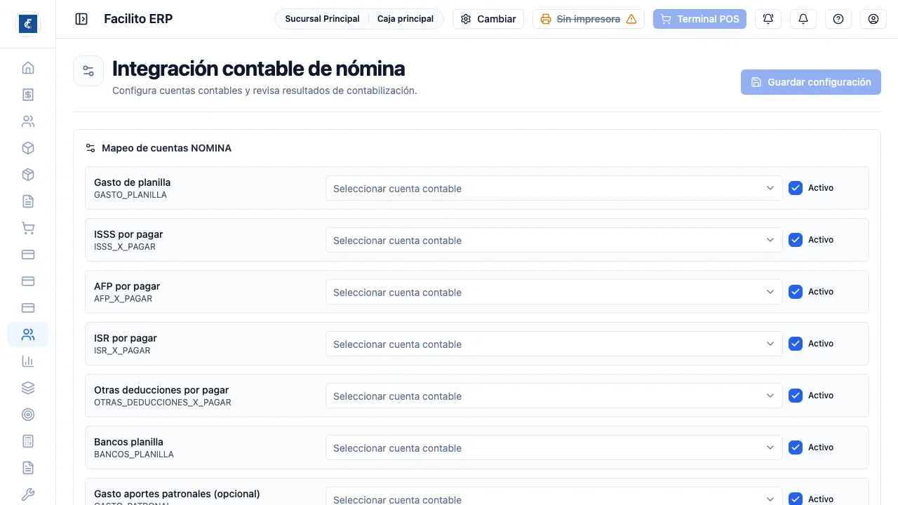 El mapeo de cuentas de nómina, con su buscador de cuenta y la casilla Activo en cada renglón.