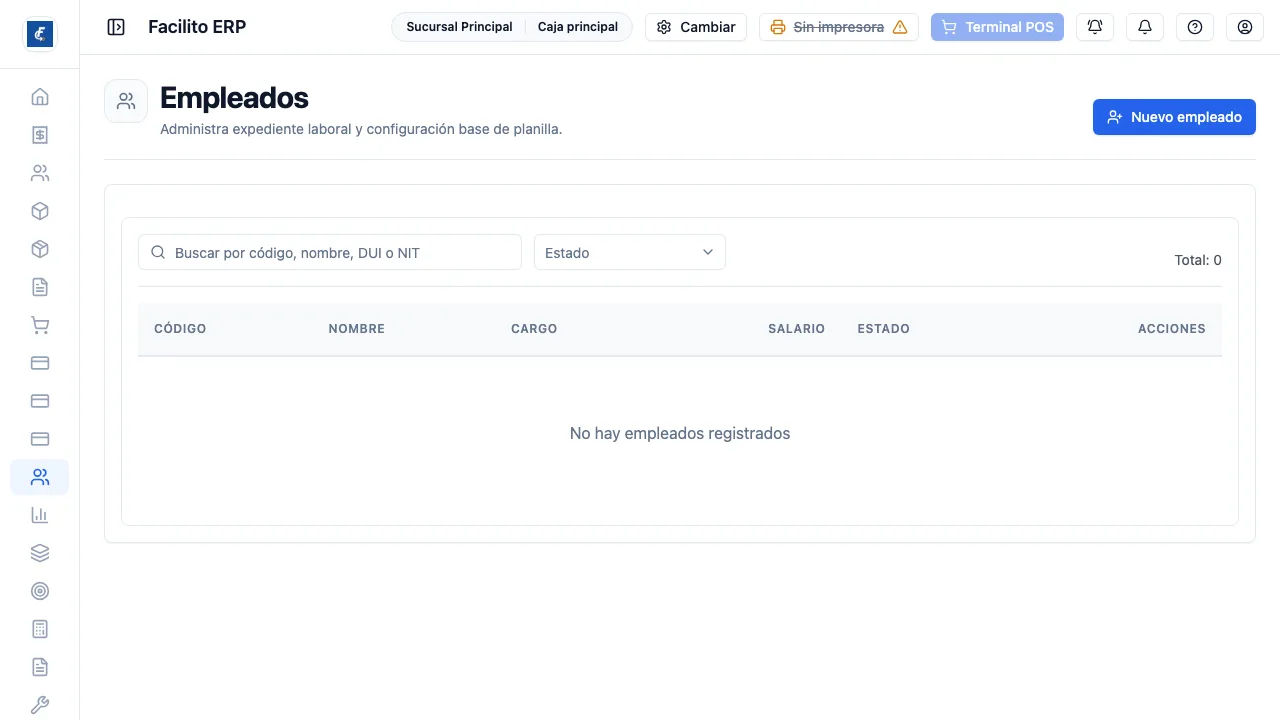 La lista, con el buscador y los filtros por estado y sucursal.