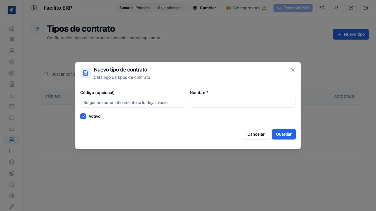 El alta de un tipo de contrato.