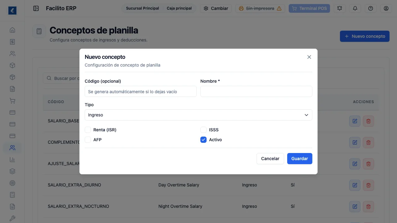 El alta de un concepto y las tres casillas que definen sobre qué base grava.