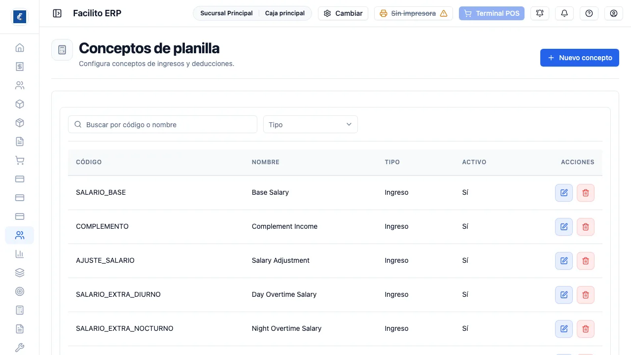 Los conceptos de planilla, con el filtro entre ingresos y deducciones.
