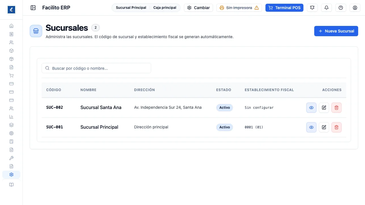 La lista, con el código, el tipo de establecimiento y el aviso de las que están sin configurar.