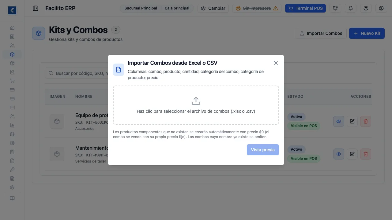 El asistente de importación de combos, con su vista previa clasificada.