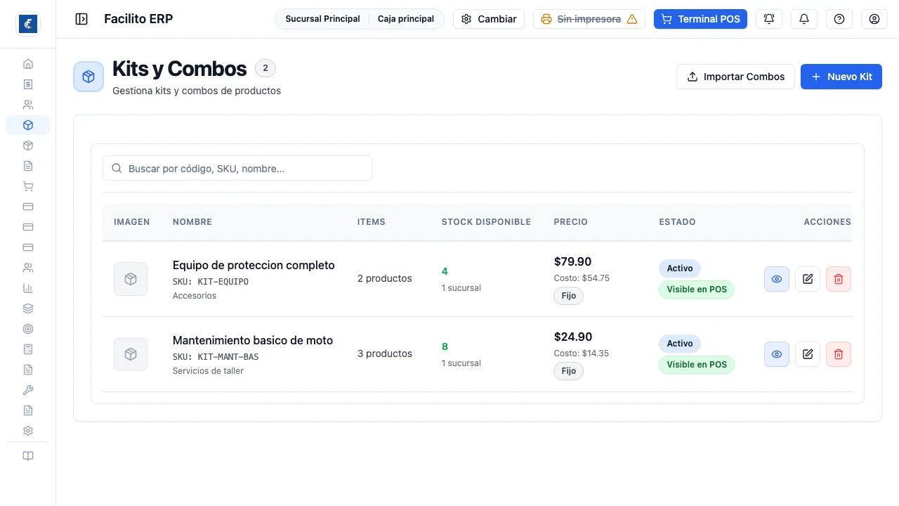 La lista de kits, con su stock propio, su precio y su estado.