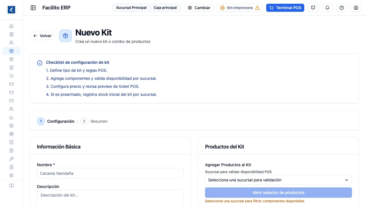 El paso de Configuración, con el modo de kit y sus componentes.