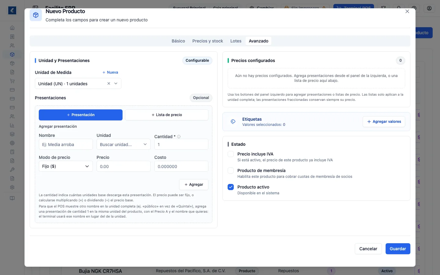 La casilla Producto de membresía, dentro de Estado, que habilita el producto para cobrar cuotas.