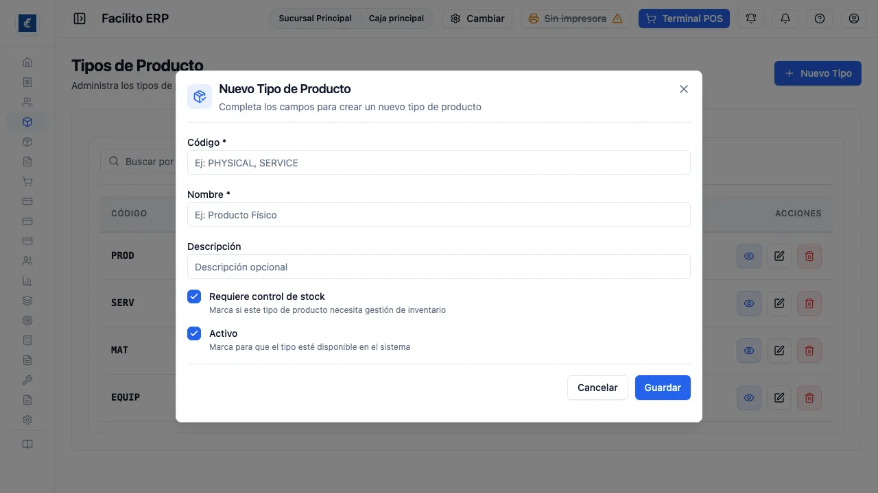El alta de un tipo, con la casilla que decide si lleva inventario.