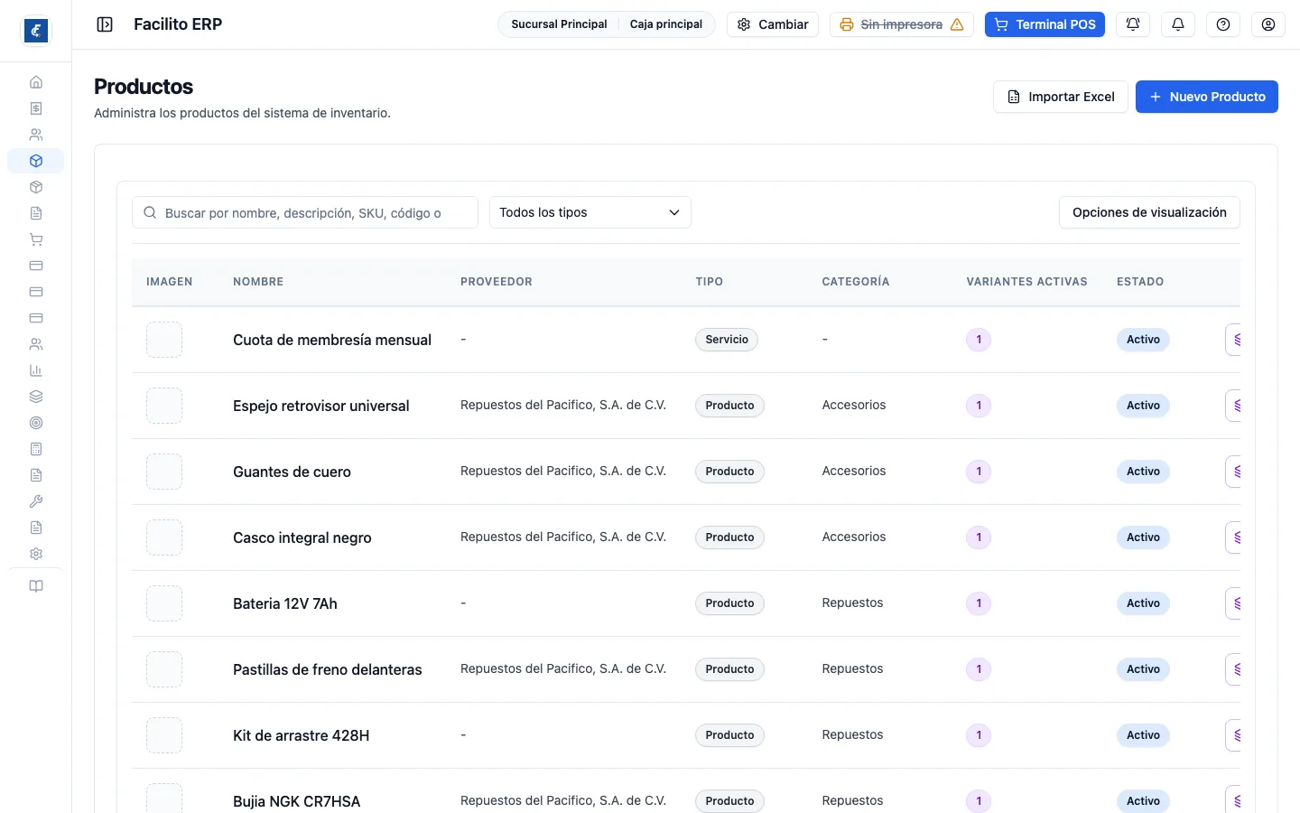 La lista, con el buscador, el filtro por tipo y las opciones de visualización.