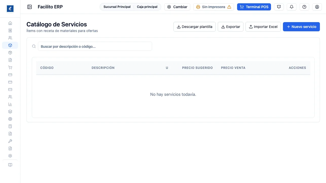 El catálogo de recetas, con el precio sugerido y el precio de venta lado a lado.